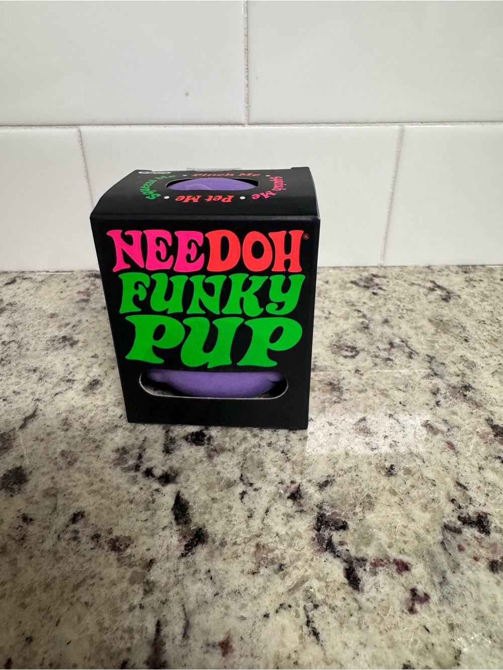 Needoh Funky Pup Toy - Black Box with Pink & Green Text